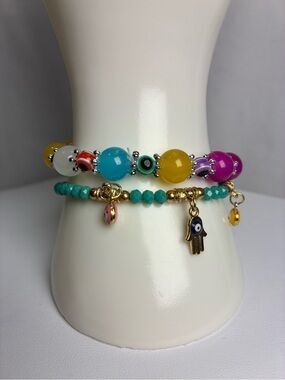 Glass Evil Eye Beaded Hamsa Charm Bracelet Set-Turquoise, Yellow, Fuchsia, Aqua